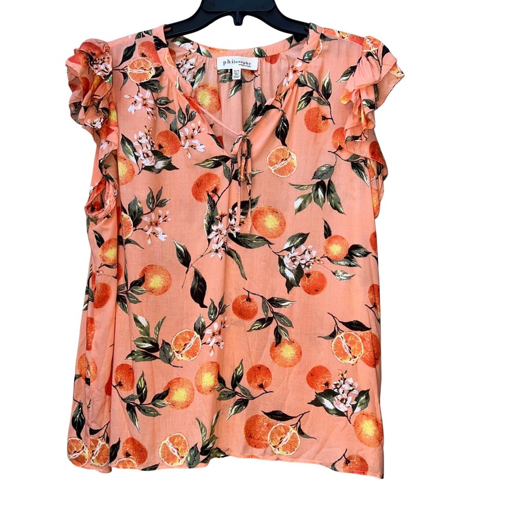 Philosophy Republic Clothing Orange Citrus Floral Ruffle‎ Sleeve Blouse Peach XL